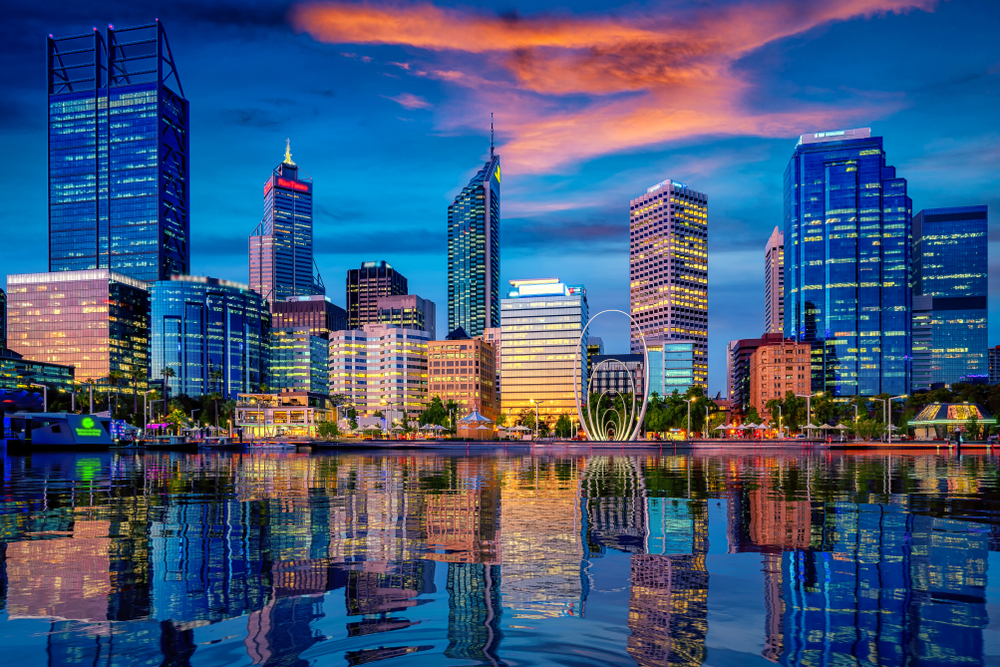 Sunset,In,Perth,City,With,Building,And,River,,,Perth,