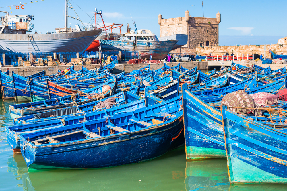 Essaouira,Port,In,Morocco,With,Blue,Fishing,Boats,And,Ancient